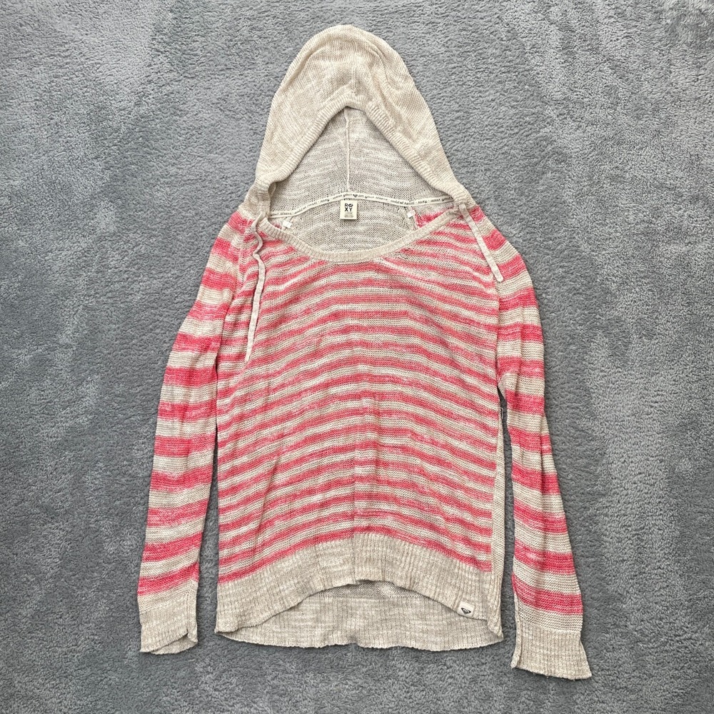Roxy Sweater Womens Large Pink Poncho Striped Sheer Open Knit Rib Hooded V Neck